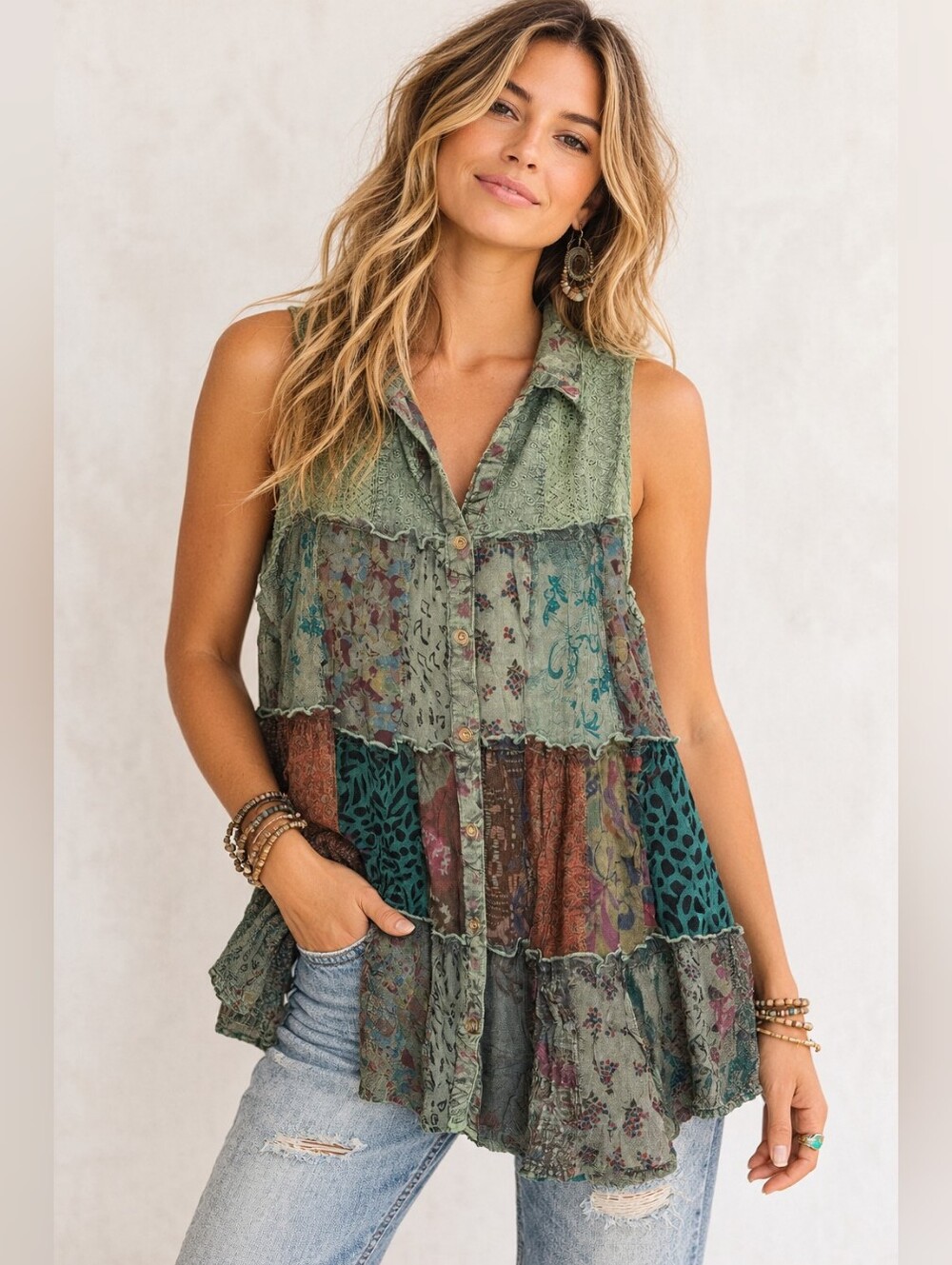 Young Threads Patchwork Meadow Vintage Tank Basil Boho Tunic Top L NWT